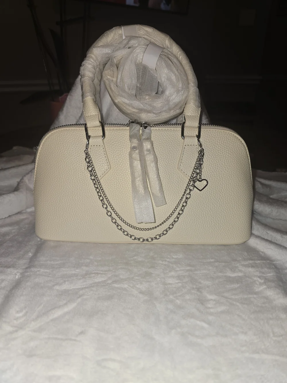 Cream Structured Dome Satchel Handbag with Silver Chain & Crossbodu Strap